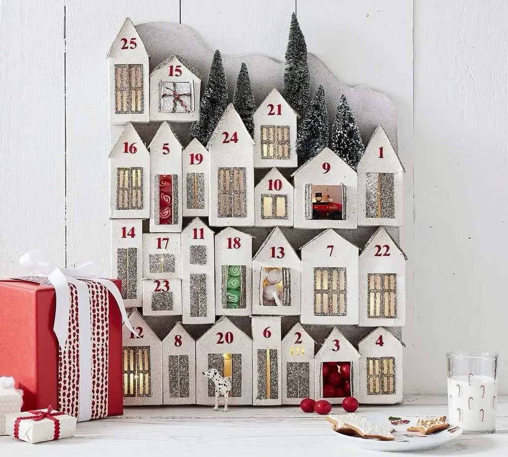 POTTERY BARN Advent Calendar Lit Glitter Houses Holiday Christmas  24